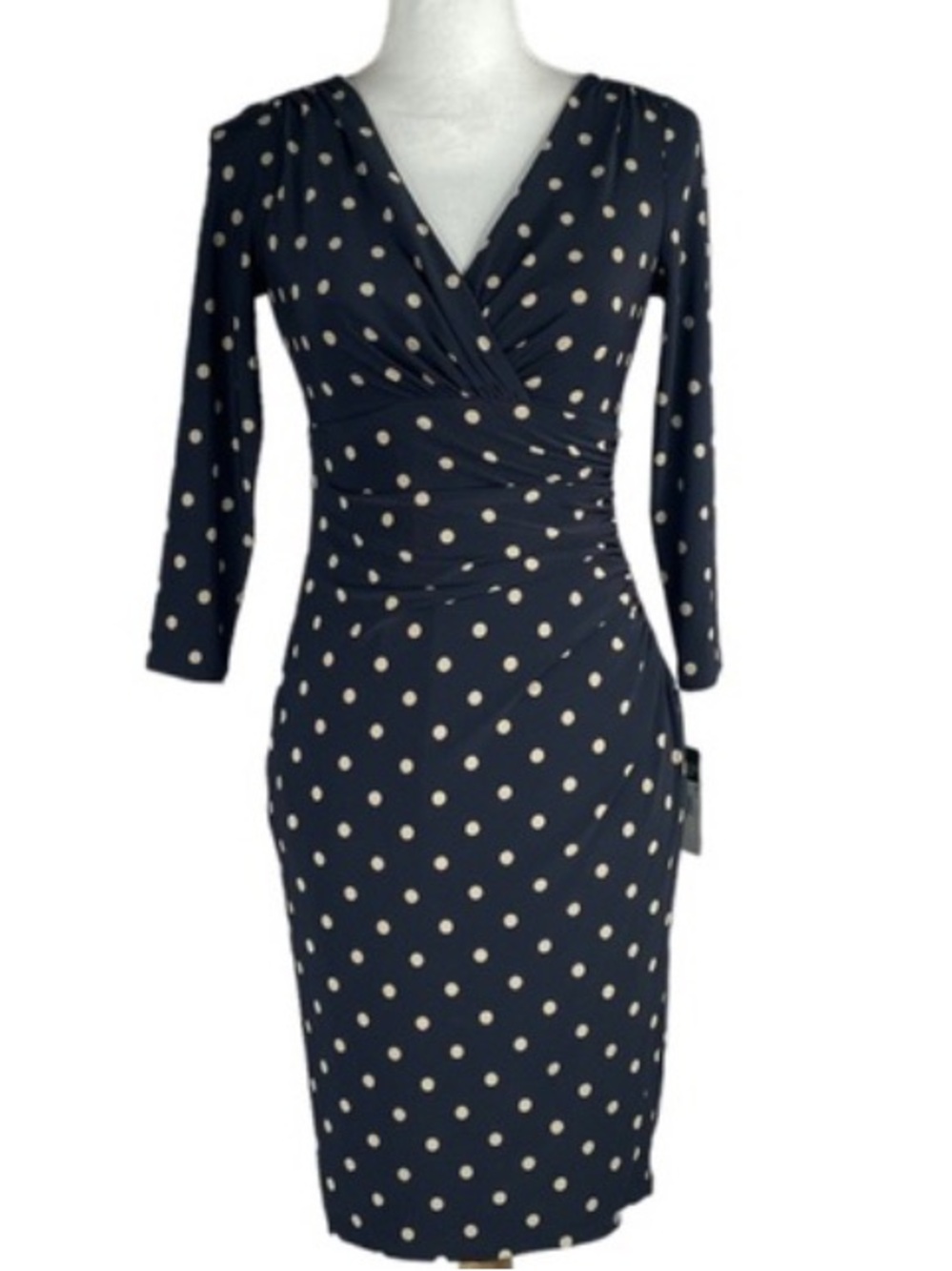 Lauren by Ralph Lauren V-Neck Ruching Polka Dots Sheath Dress Navy Women Size 6